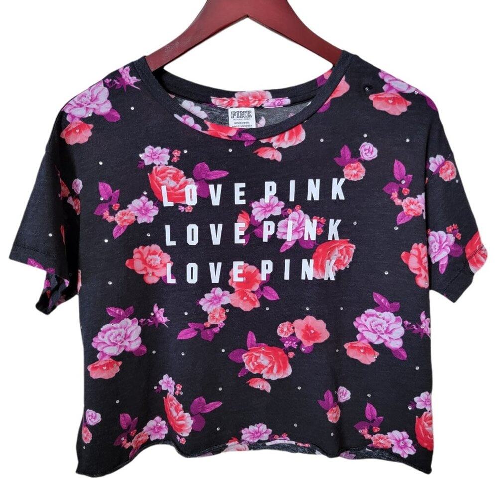 PINK Victoria's Secret Oversized Black Floral Rhinestone Girlfriend Cropped Tee